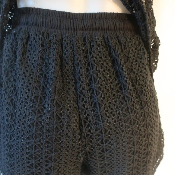 NWT Benaar LA Jeiley Black 2Pc Set Crochet Gauzy Contrast Collared Top Short M C - Picture 13 of 16